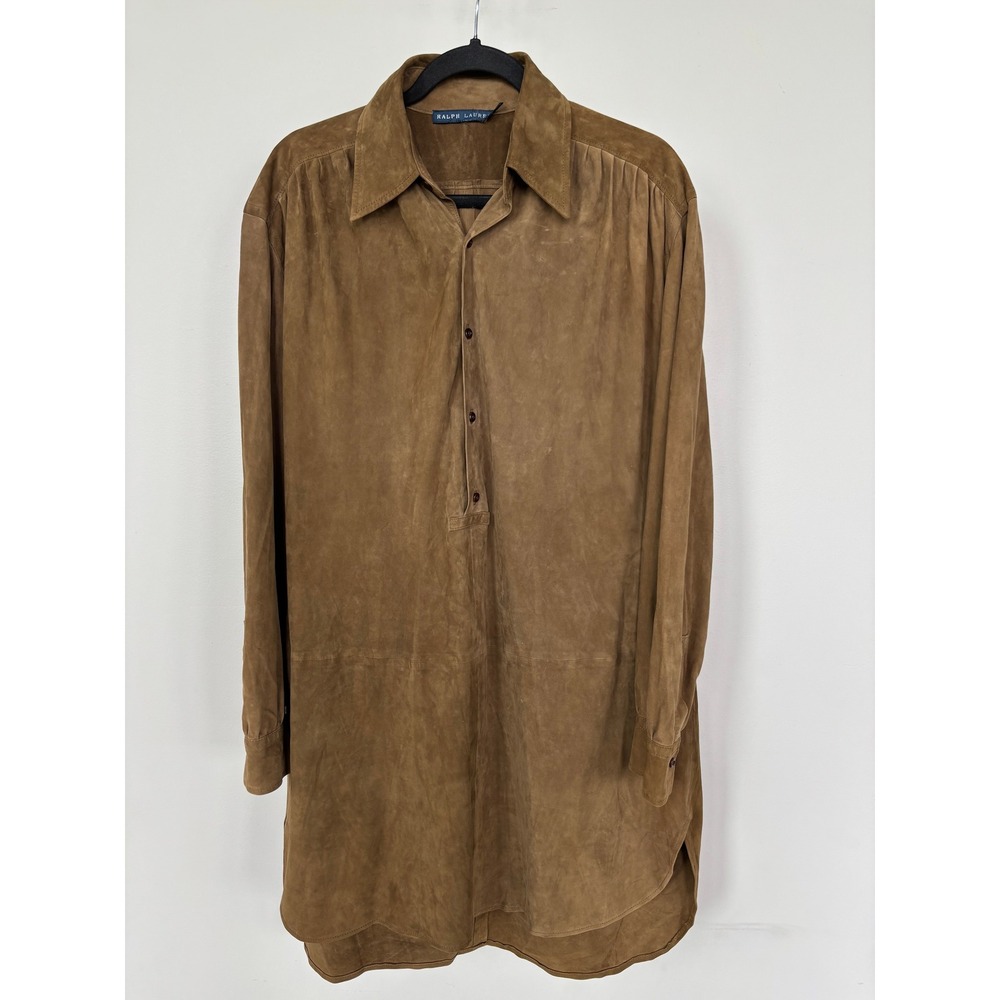 Ralph Lauren Brown Suede Leather Tunic Shirt Longline Button Down Womens 10